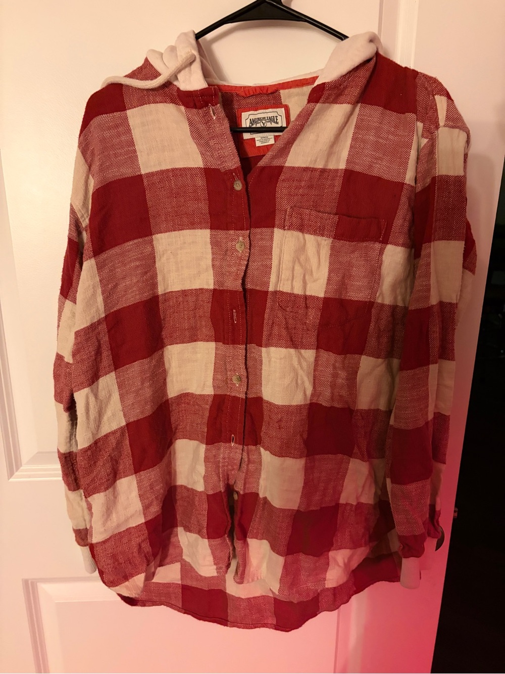 American Eagle Red and Cream Plaid Hooded Button-Up Shirt